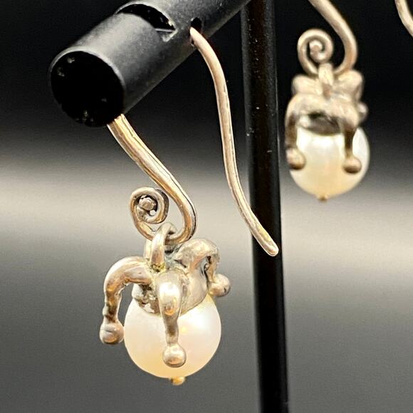 Vintage Sterling Silver Pearl Court Jester Hat Earrings Dangle Drop Unique - Picture 5 of 8